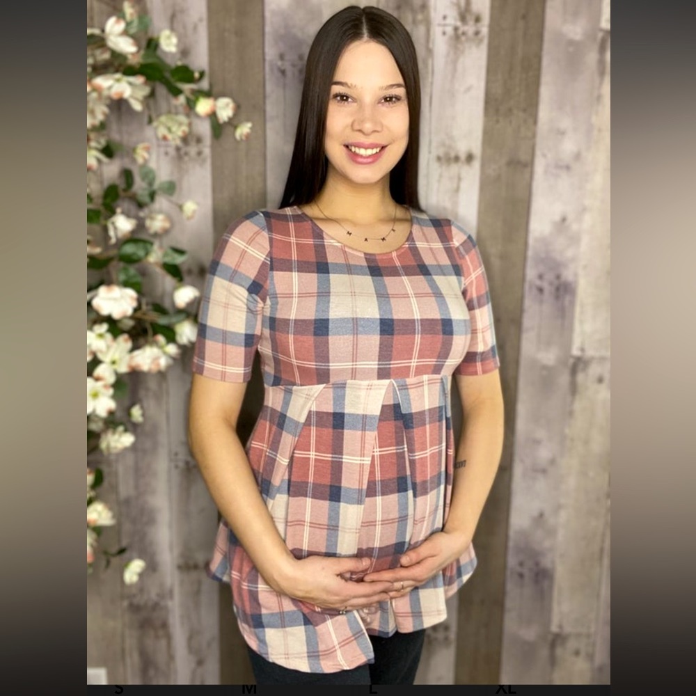 Women’s Plaid Pleaded longer than short sleeve Maternity Top Sz L NWT